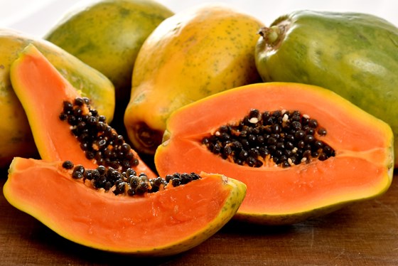 Ripe cut papaya on counter top
