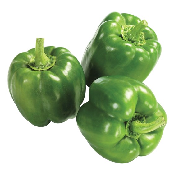 three green bell peppers on white surface