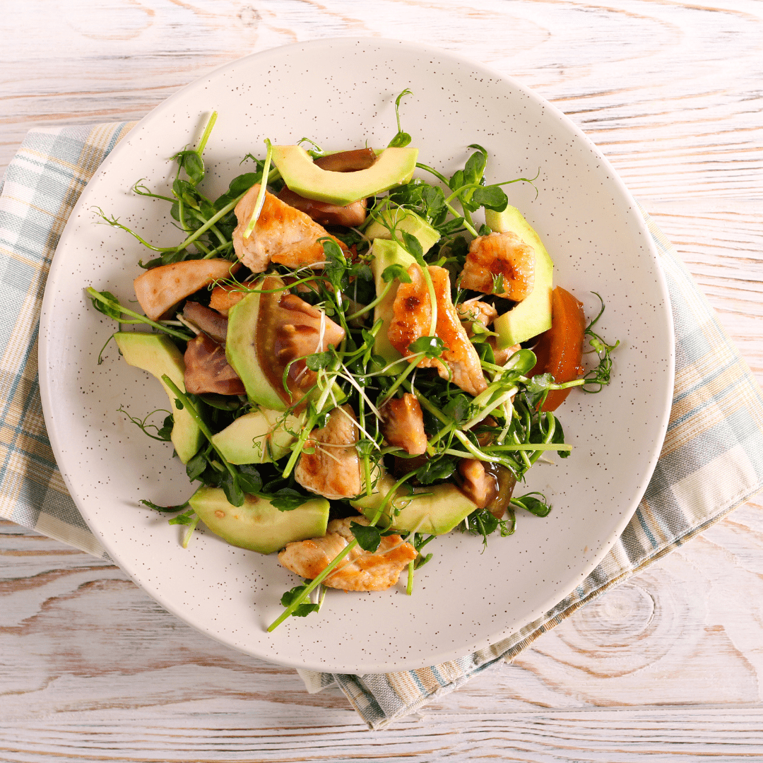 Microgreens chicken salad on a plate