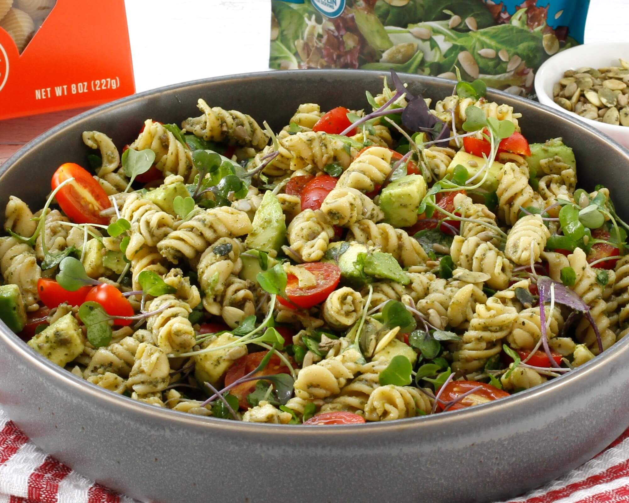 Microgreens Pesto Pasta Dish from above