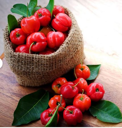 Cherries in a bag and counter with green leaves
